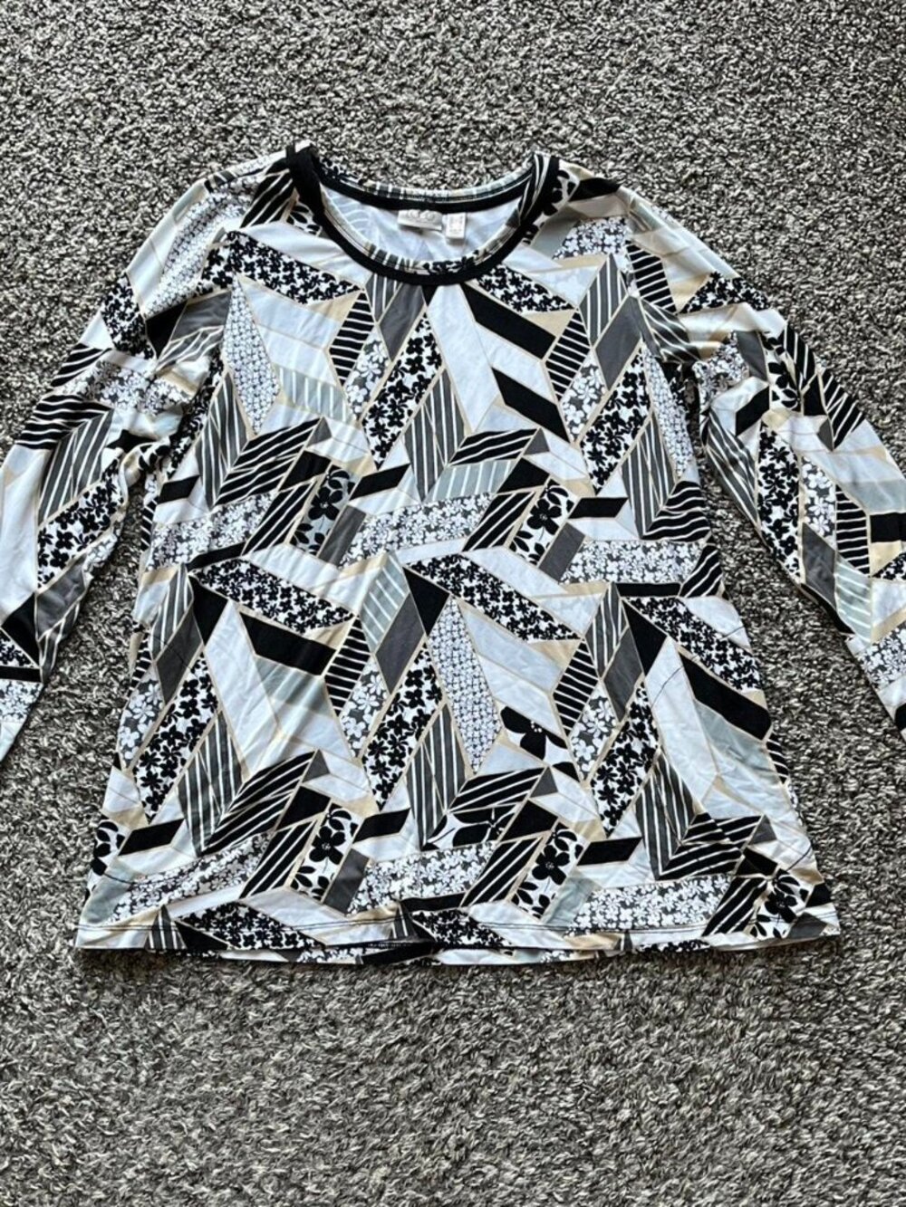 Lori Goldstein Black White Blouse Womens Medium Geometric Floral Cottagecore Top